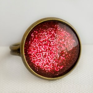 Candy Apple Ring in Antique Bronze - Pinkish Red Glitter Ring