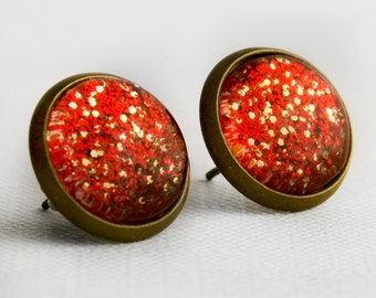 Red and Gold Glitter Post Earrings in Antique Bronze - Glittery Bright Red and Gold Stud Earrings