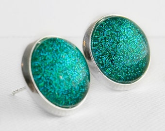 Mermaid Tears Post Earrings in Silver - Turquoise Blue Green Glitter Earrings