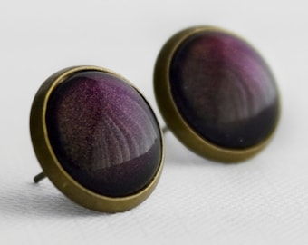 Deep Plum Post Earrings in Antique Bronze - Dark Purple Stud Earrings