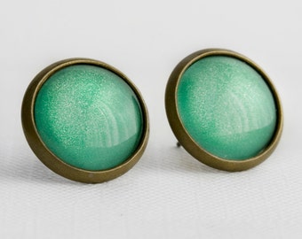 Mint Apple Post Earrings in Antique Bronze - Minty Green Studs with Subtle Shimmer
