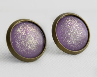 Amethyst Shimmer Post Earrings in Antique Bronze - Lavender Purple Studs with Gold Shimmery Sparkles