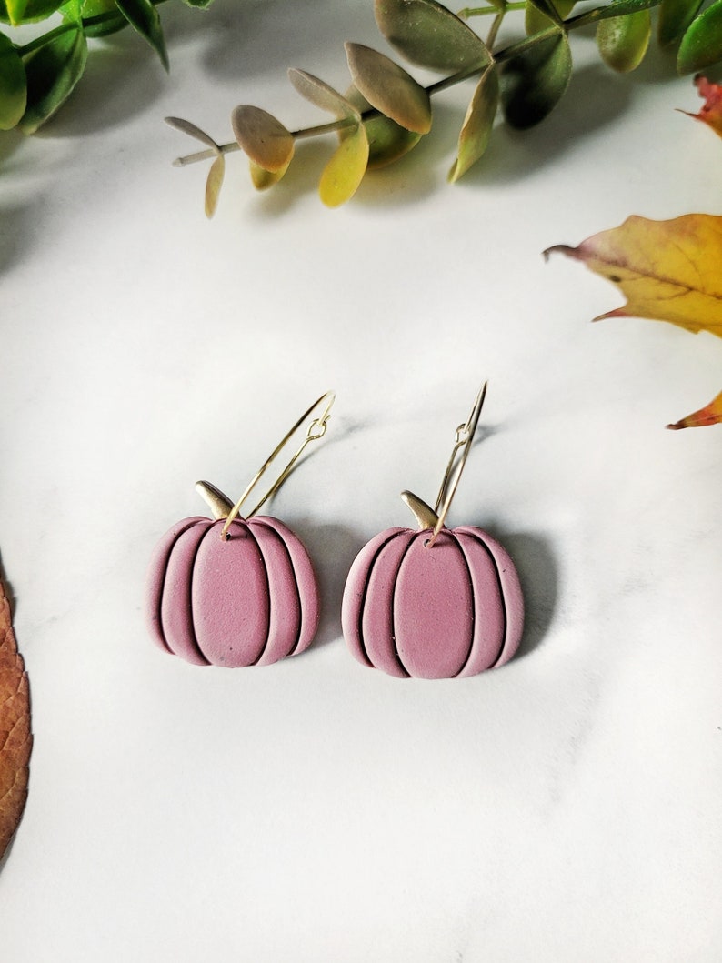 Mauve Pumpkin Hoop Clay Dangles, Pink Purple Pumpkins, Handmade Polymer Clay Earrings, Fall Autumn Earrings, Thanksgiving Earrings image 1