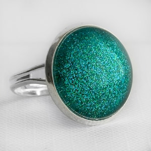 Mermaid Tears Ring in Silver Turquoise Blue Green Glitter Cocktail Ring image 1