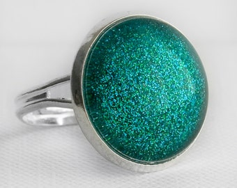 Mermaid Tears Ring in Silver - Turquoise Blue Green Glitter Cocktail Ring