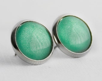 Mint Apple Post Earrings in Silver - Minty Green Studs with Subtle Shimmer