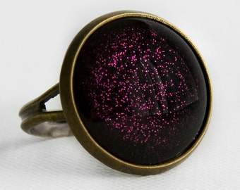 Purple Potion Ring in Antique Bronze - Bright Violet Purple Glitter Halloween Cocktail Ring