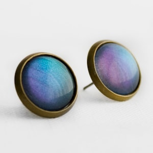 Blue and Purple Shimmer Post Earrings in Antique Bronze - Sky Blue and Purple Shifting Colour Shifting Studs