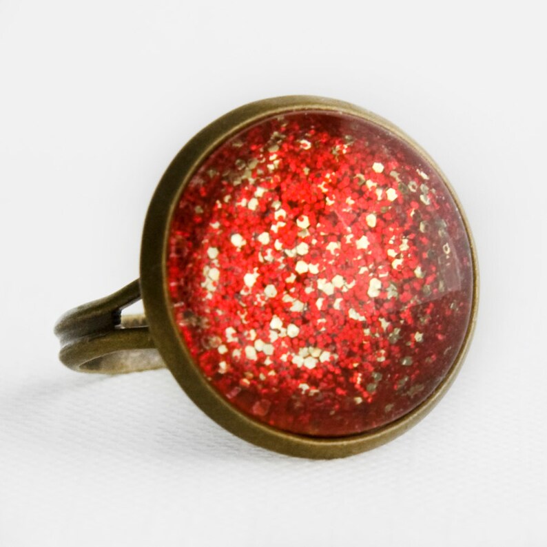 Red and Gold Glitter Ring in Antique Bronze Glittery Bright Etsy