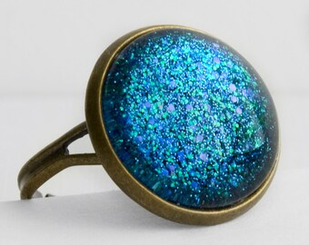 Underwater Ring in Antique Bronze - Blue, Indigo & Green Glitter Ring