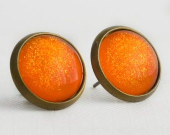 Pumpkin Patch Post Earrings in Antique Bronze - Orange and Yellow Glitter Halloween Fall Glittery Pumpkin Stud Earrings