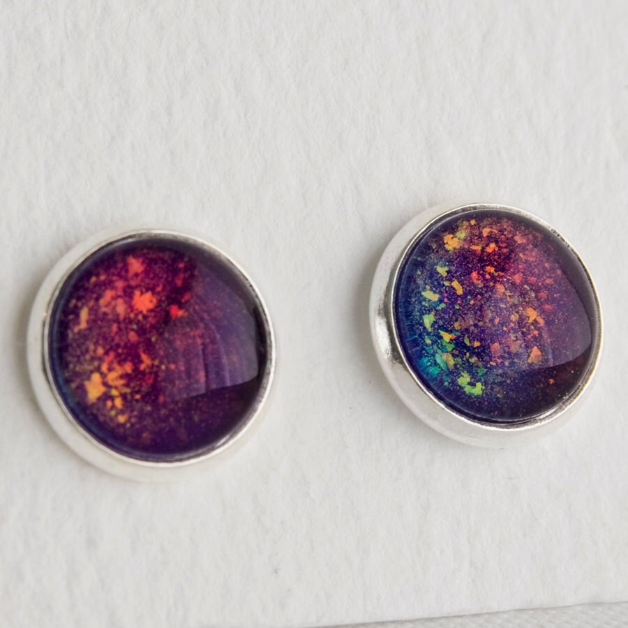 Supernova Post Earrings in Silver Purple & Rainbow Etsy