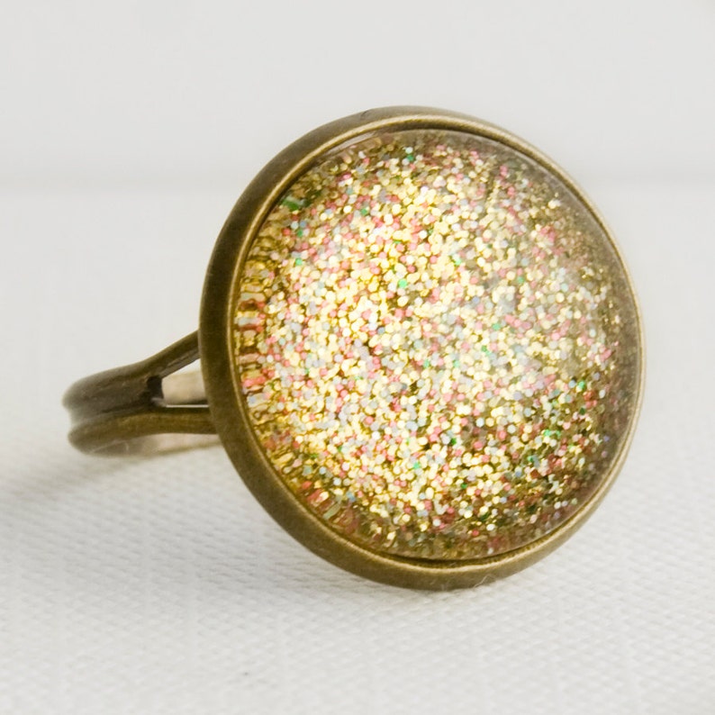 Golden Treasure Ring in Antique Bronze Glittery Gold & Multicolor Sparkling Glass Ring image 1