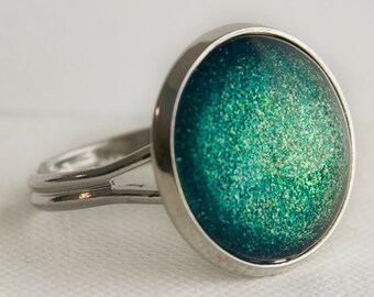 Seafoam Castle Ring in Silver - Turquoise, Green and Yellow Glitter Ring