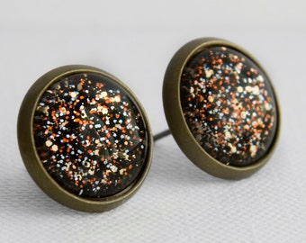 Tiger Glitter Post Earrings in Antique Bronze - Glittery Orange, Silver, Black, and Pale Gold Stud Earrings