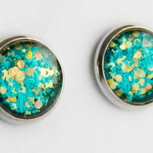 Electric Glitter Post Earrings in Silver Turquoise Blue Glitter and Holographic Yellow Hexagonal Glittery Stud Earrings image 4