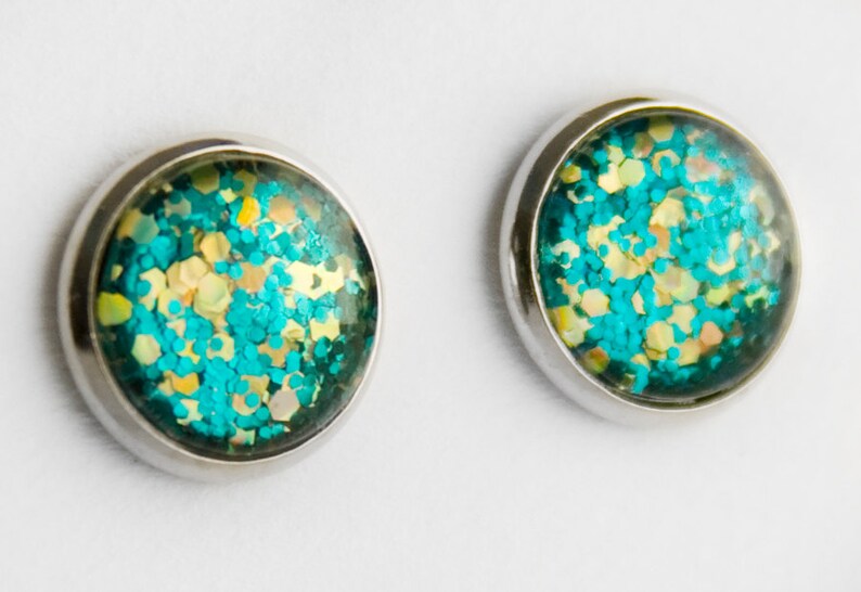 Electric Glitter Post Earrings in Silver Turquoise Blue Glitter and Holographic Yellow Hexagonal Glittery Stud Earrings image 4