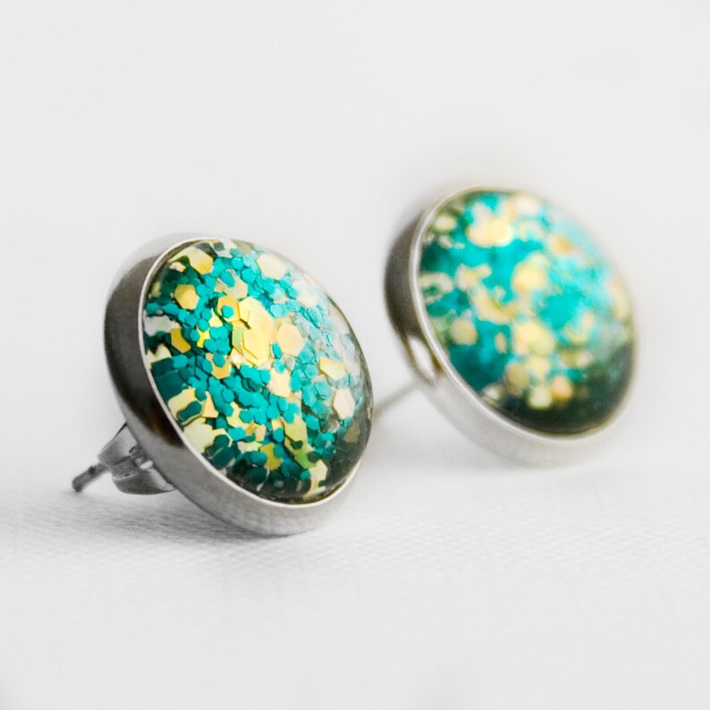 Electric Glitter Post Earrings in Silver Turquoise Blue Glitter and Holographic Yellow Hexagonal Glittery Stud Earrings image 2