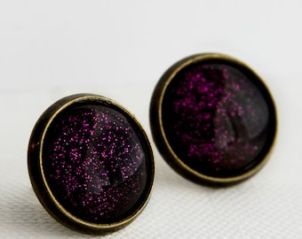 Purple Potion Post Earrings in Antique Bronze - Bright Violet Purple Glitter Halloween Stud Earrings