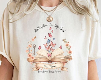Comfort Colors® Vintage Book Lover Shirt, Retro Butterfly Page-Turner Tee, Aesthetic Top, Gift for Bibliophile