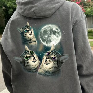 Pode incluir: Um moletom cinza com um gráfico de três gatos de desenho animado olhando para uma lua cheia. Os gatos têm olhos de cores diferentes. A palavra "Pepper" está em um balão.