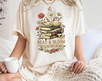 Comfort Colors® Read & Bloom Bookworm Shirt, Book Lover Shirt, Reading Lover Gift, Floral Book Stack Tee, Bookish Aesthetic Shirt