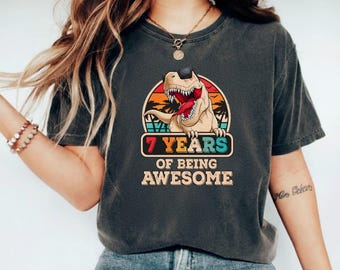 Comfort Colors® Retro T-Rex Birthday Shirt | Groovy Graphic Tee | Gift for 7 Year Old | Awesome Kids Outfit