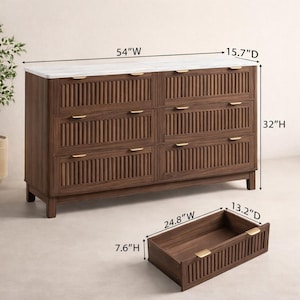 Fluted 6 Drawer Dresser with Faux Marble Top, 54 Inch Farmhouse Storage Dresser image 2