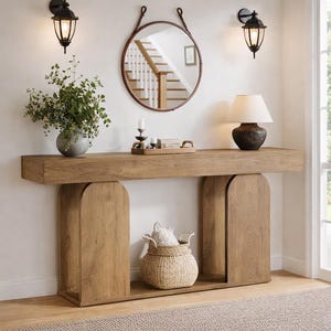 May include: A wooden console table with a light brown finish, featuring arched supports and a lower shelf. A round mirror hangs above the table, and a woven basket sits below. Decorative items include a lamp, greenery in a vase, and wall sconces.