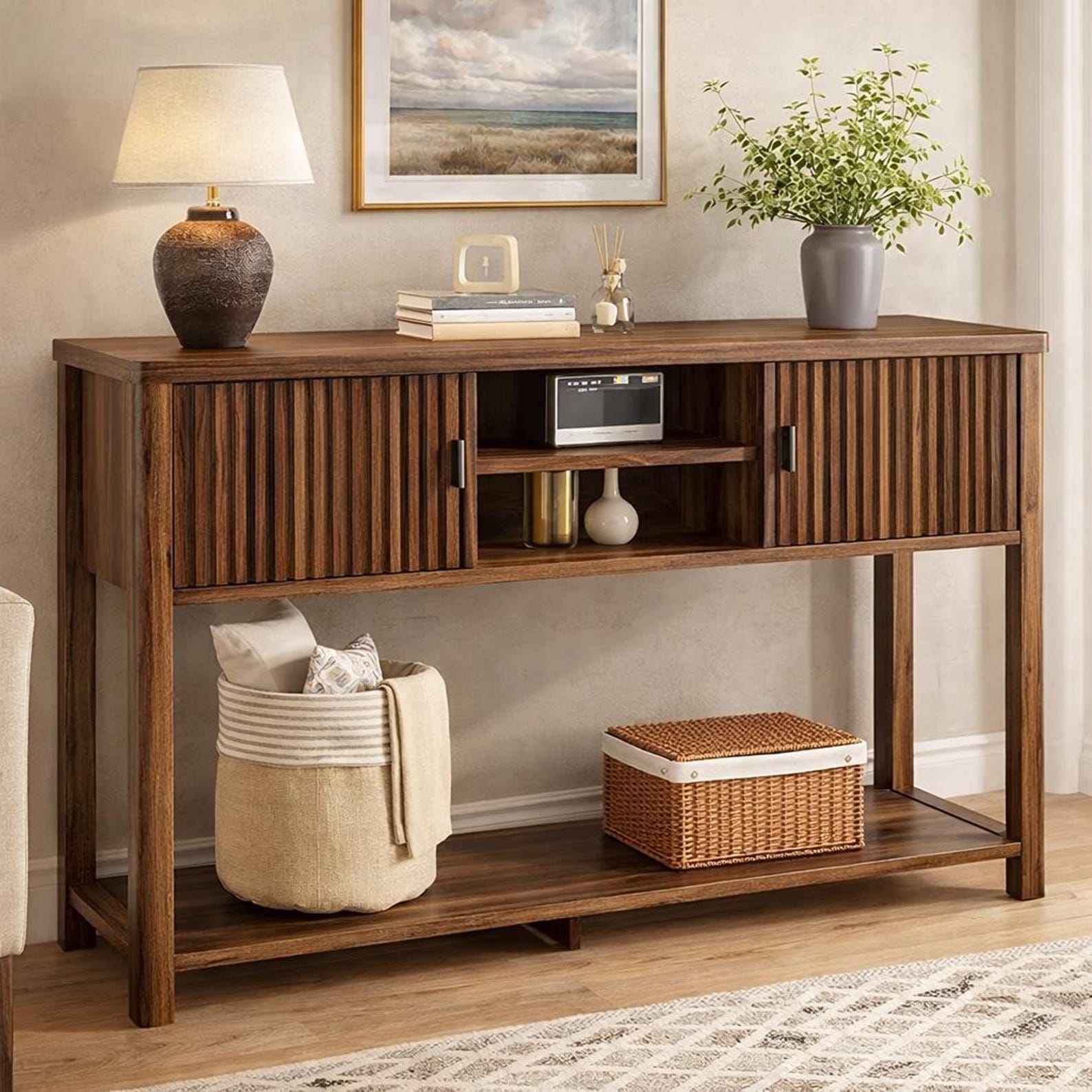 Fluted Console Table With Cabinet Doors and Open Shelves, Narrow Modern ...