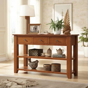 May include: A wooden console table with three drawers and two shelves. The table is a warm brown color and has decorative items on top and on the shelves, including a lamp, framed photo, and a bird statue.