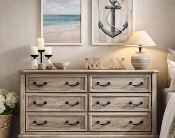 Farmhouse 6 Drawer Wood Dresser for Bedroom, 54 Inch Wide Rustic Chest
