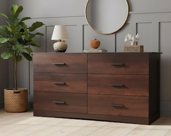 Wooden 6 Drawer Dresser, Wide Brown Storage Cabinet, Modern Minimalist Bedroom Furniture