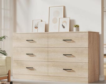 6 Drawer Wooden Dresser, Mid Century Modern Chest, Bedroom Storage Cabinet with Metal Handles