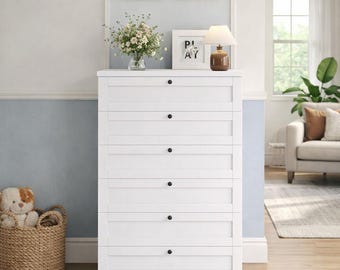 White 6 Drawer Tall Dresser for Bedroom, Modern Vertical Wood Chest of Drawers