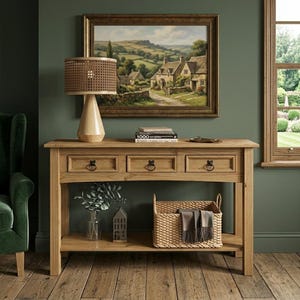 Solid Wood Console, Farmhouse Entryway, 3 Drawers, Storage Shelf, Sturdy & Stylish Design