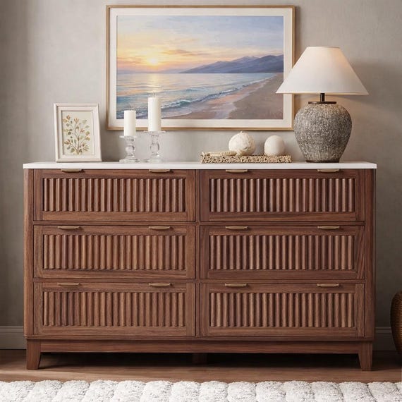 Fluted 6 Drawer Dresser with Faux Marble Top, 54 Inch Farmhouse Storage Dresser