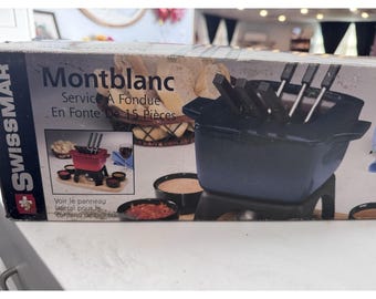 Juego de fondue Swissmar VINTAGE Mont Blanc de 15 piezas de hierro fundido esmaltado azul, nuevo en caja.