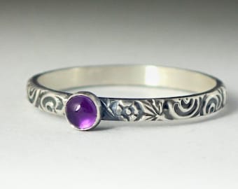 Amethyst Ring, Sterling Silver Floral Pattern Band with 3mm Amethyst, Natural Amethyst Gemstone, February Purple Gemstone Jewelry