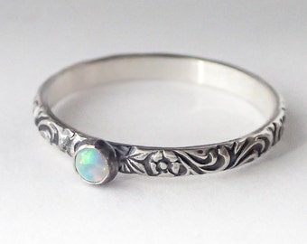 White Opal Ring, Sterling Silver Floral Pattern Band with 3mm White Opal, Opal Ring, October Birthstone Jewelry, October Birthstone Ring