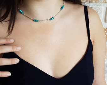 Turquoise Necklace, December Birthstone Jewelry, two layer turquoise Sterling Silver necklace, Turquoise Necklace Silver, Turquoise Jewelry