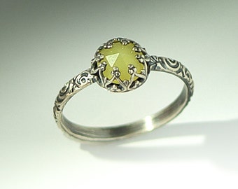 Lemon Jade Ring, Sterling Silver Pattern Band, Custom created in your size, Unique Ring, Alternative Engagement Ring, Jade Jewelry