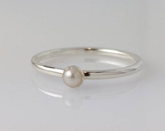 Pearl Ring, White Pearl, Stackable Sterling Silver Pearl Ring - 3mm Pearl, June Birthstone Ring, Pearl Jewelry, White Freshwater Pearl Ring