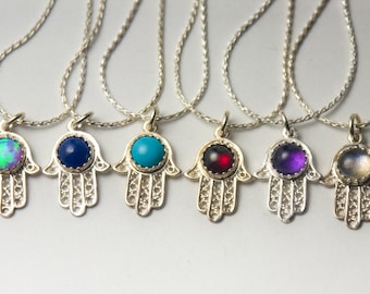 Birthstone Hamsa Necklace, Personalized Sterling Silver Hamsa Necklace with 5mm Gemstone of your choice, Birthstone Necklace, Hamsa Necklace