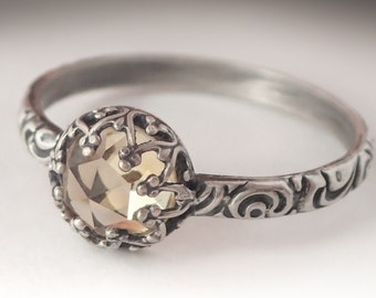 Citrine Pattern Ring, November Birthstone Jewelry, Sterling silver floral pattern band, Natural Citrine Ring Custom created in your size