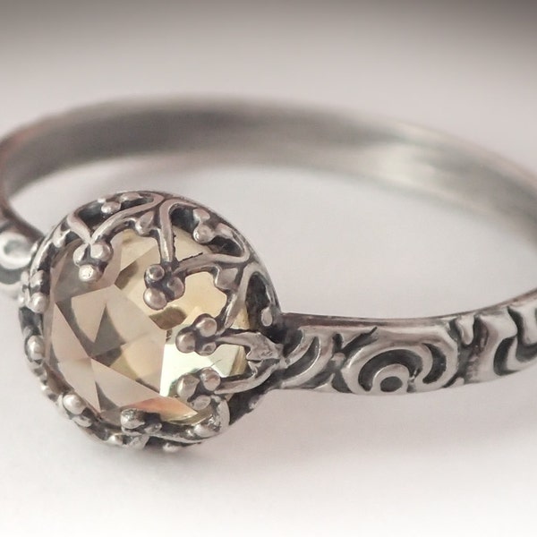 Citrine Pattern Ring, November Birthstone Jewelry, Sterling silver floral pattern band, Natural Citrine Ring Custom created in your size