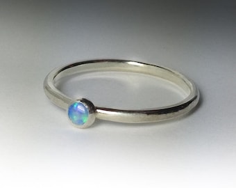 Blue Opal Ring, Sterling Silver Man Made Opal Ring - 3mm Opal, Blue Opal Jewelry, October Birthstone, Something blue for a wedding gift