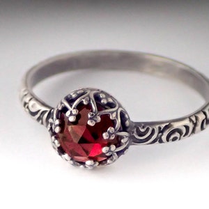 Garnet Ring, Garnet Birthstone Ring, Sterling Silver Pattern Band, Custom created in your size, Vintage Style Ring, January Birthstone Ring