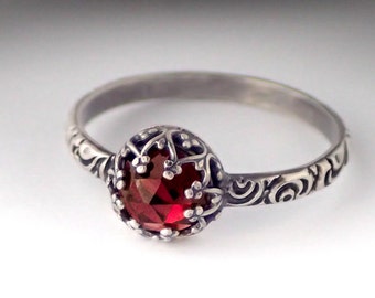 Garnet Ring, Garnet Birthstone Ring, Sterling Silver Pattern Band, Custom created in your size, Vintage Style Ring, January Birthstone Ring