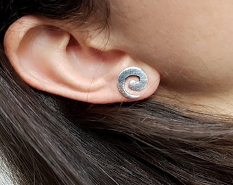 Spiral Stud Earrings, Swirl Stud Earrings, Oxidized and Brushed Earrings, Minimalist Artisan Gift for Birthday, Stocking Stuffer Jewelry